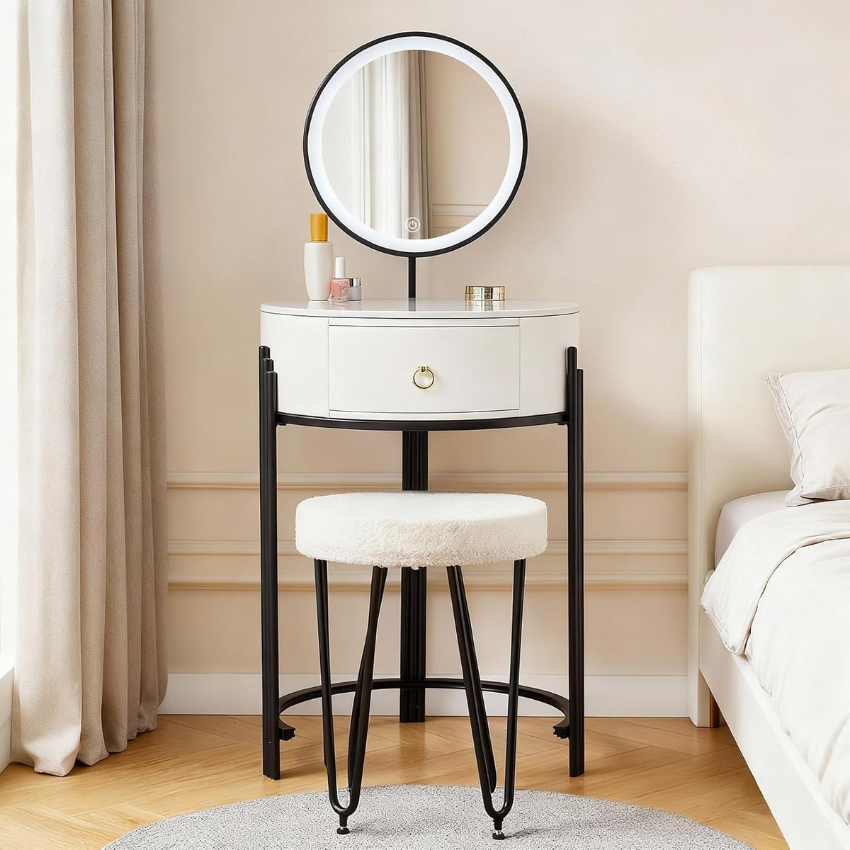 Coiffeuse avec Miroir LED, Pierre Sinterisée et Simili Cuir, Coiffeuse avec Tiroirs et Tabouret, pour Chambre, Design Moderne, Blanc