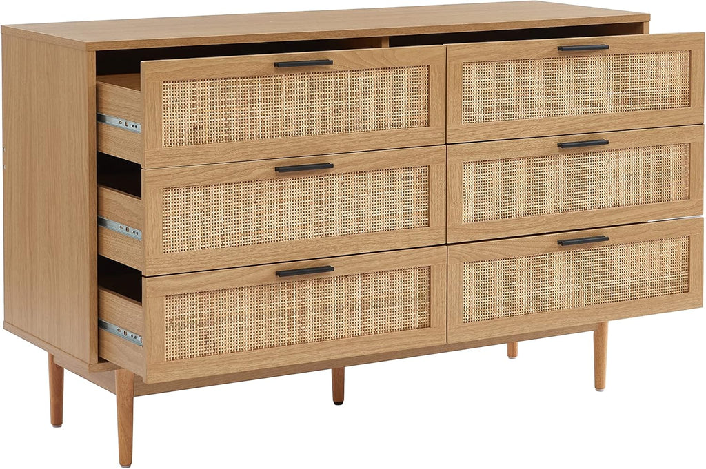 BAÏTA Commode Amana Effet chêne et cannage en rotin 6 tiroirs