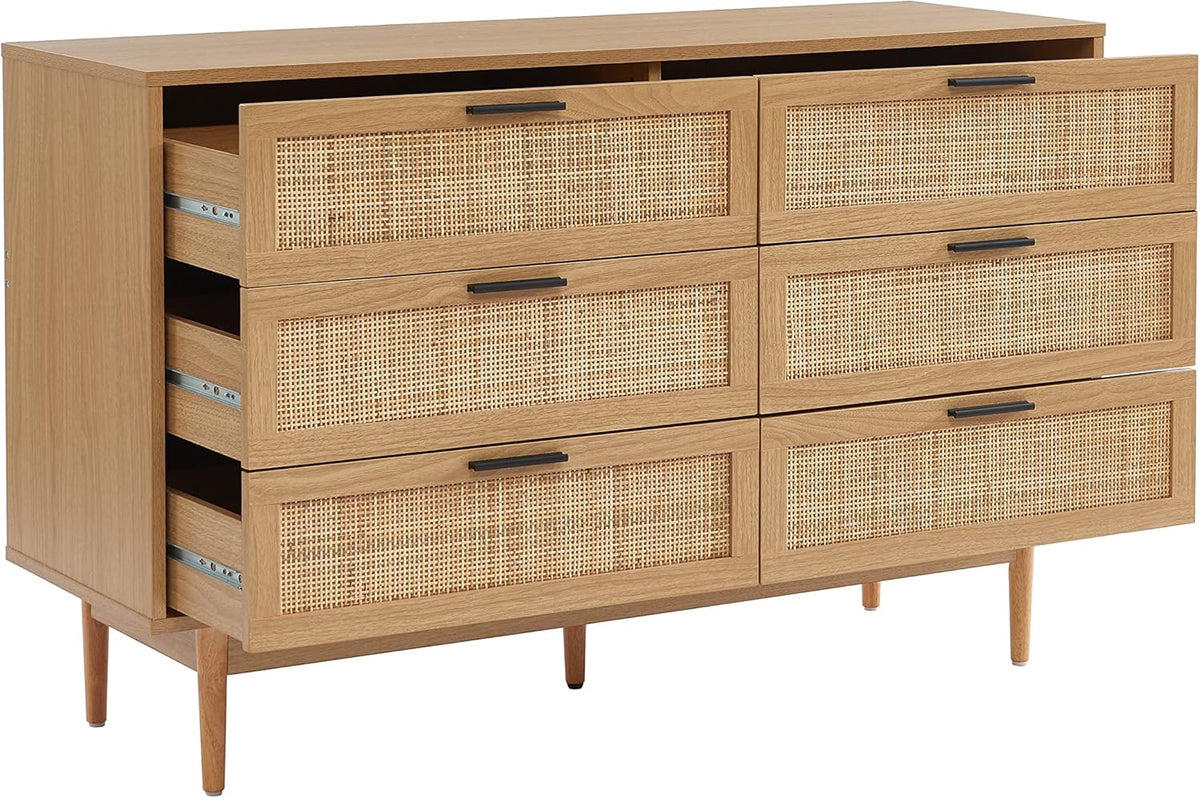 BAÏTA Commode Amana Effet chêne et cannage en rotin 6 tiroirs