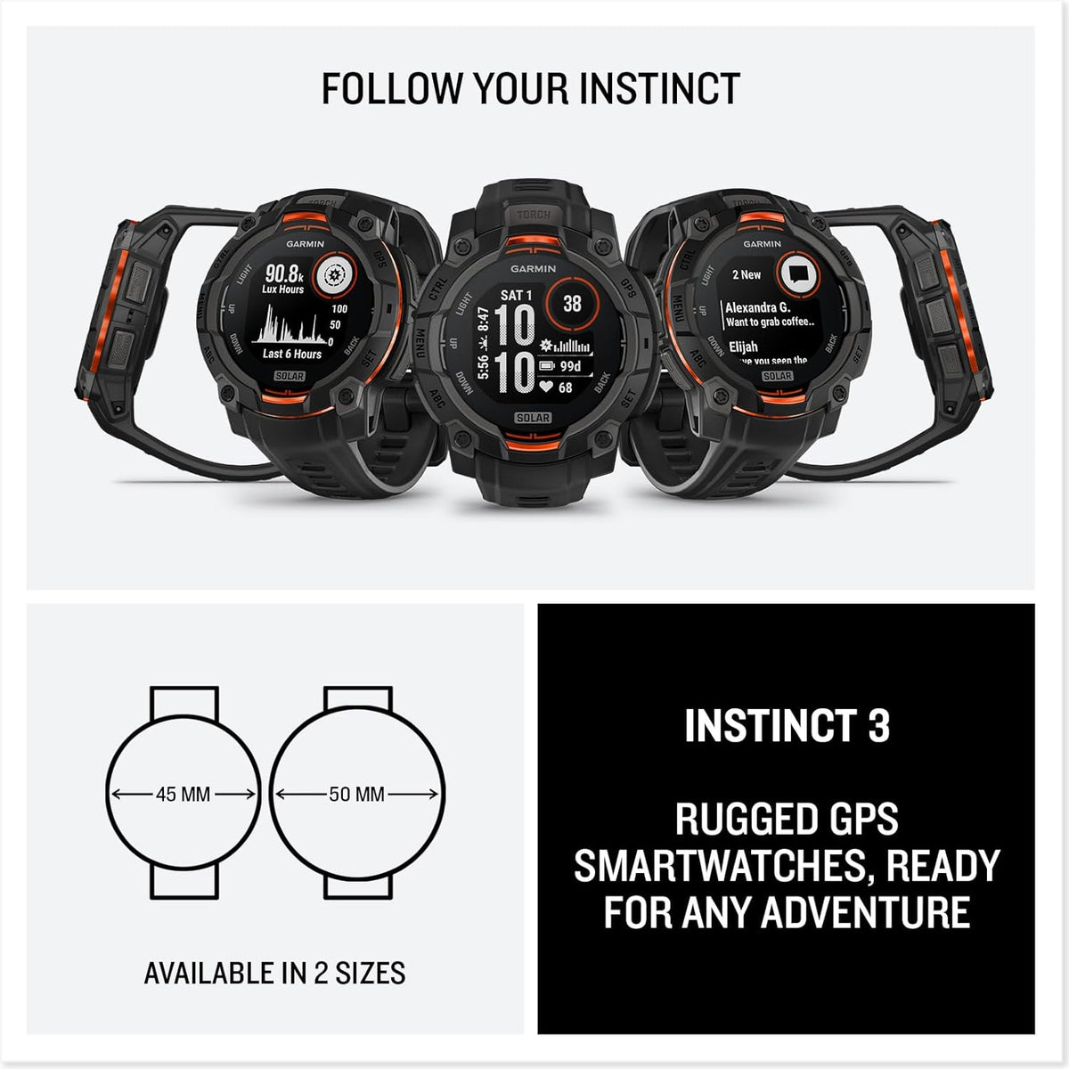 Instinct 3 45 mm, Affichage à Charge Solaire, Montre Intelligente GPS d'extérieur Robuste, Lunette renforcée en métal, Lampe de Poche intégrée, Noir