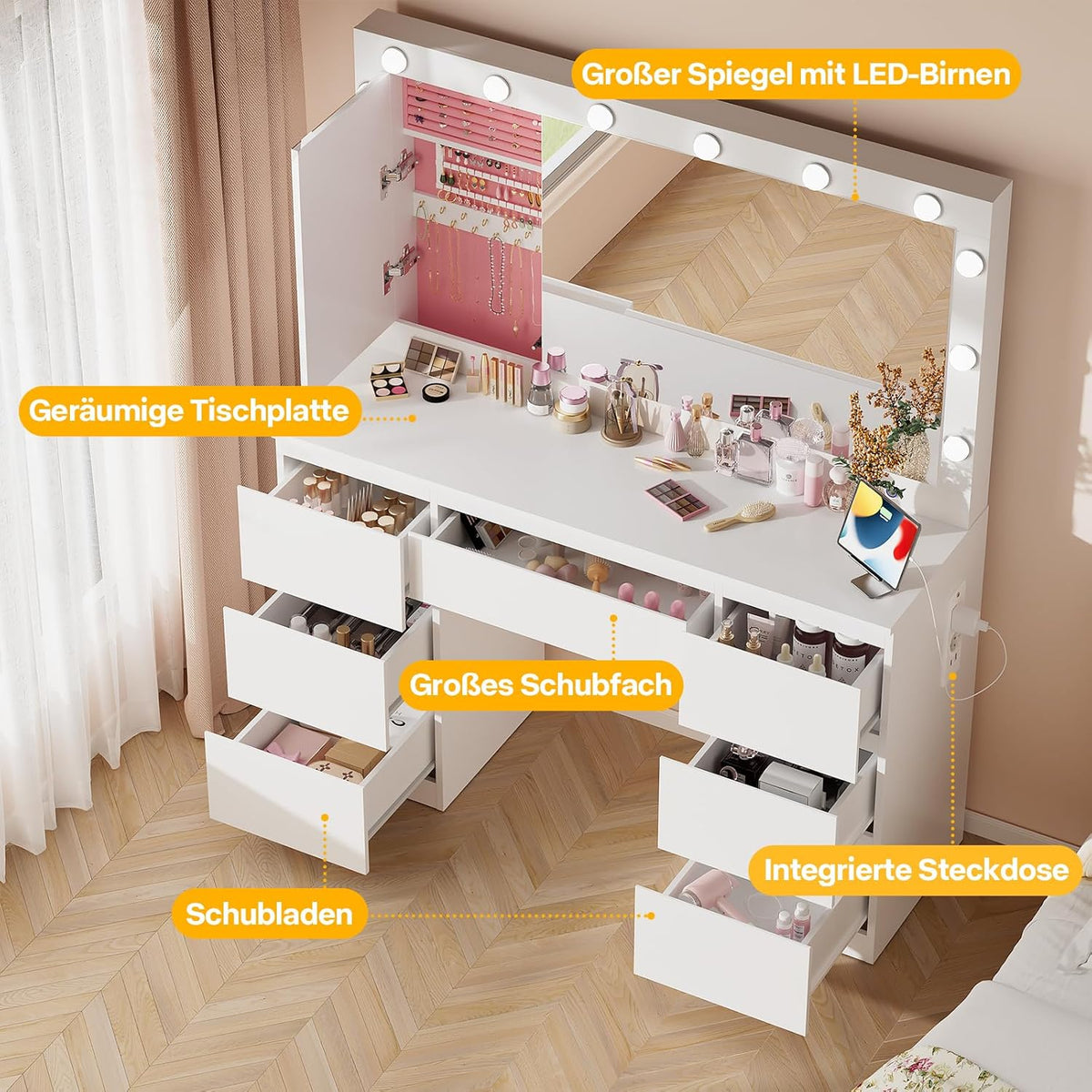 Airfish Coiffeuse avec 12 Ampoules LED et Grand Miroir, Éclairage Réglable, 120x40x140cm, Table de Maquillage avec Multiprise, Rangement pour Bijoux Derrière Le Miroir et 7 Tiroirs