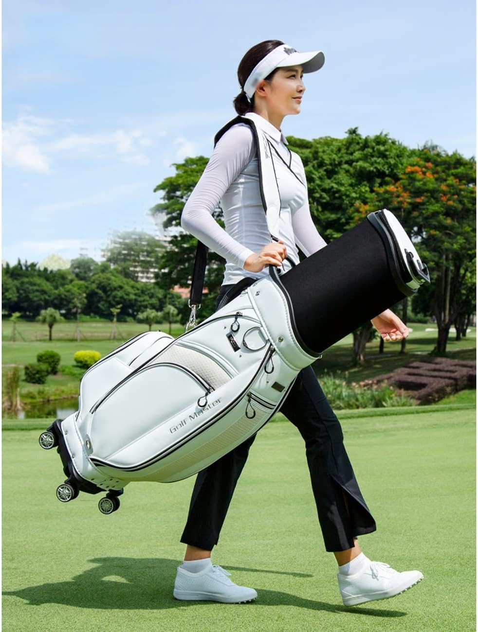 Sac deProfessionnel en Plein air avec 4 Roues, Sac Chariot Cuir Haut Gamme, Support Portable for Hommes et Femmes White