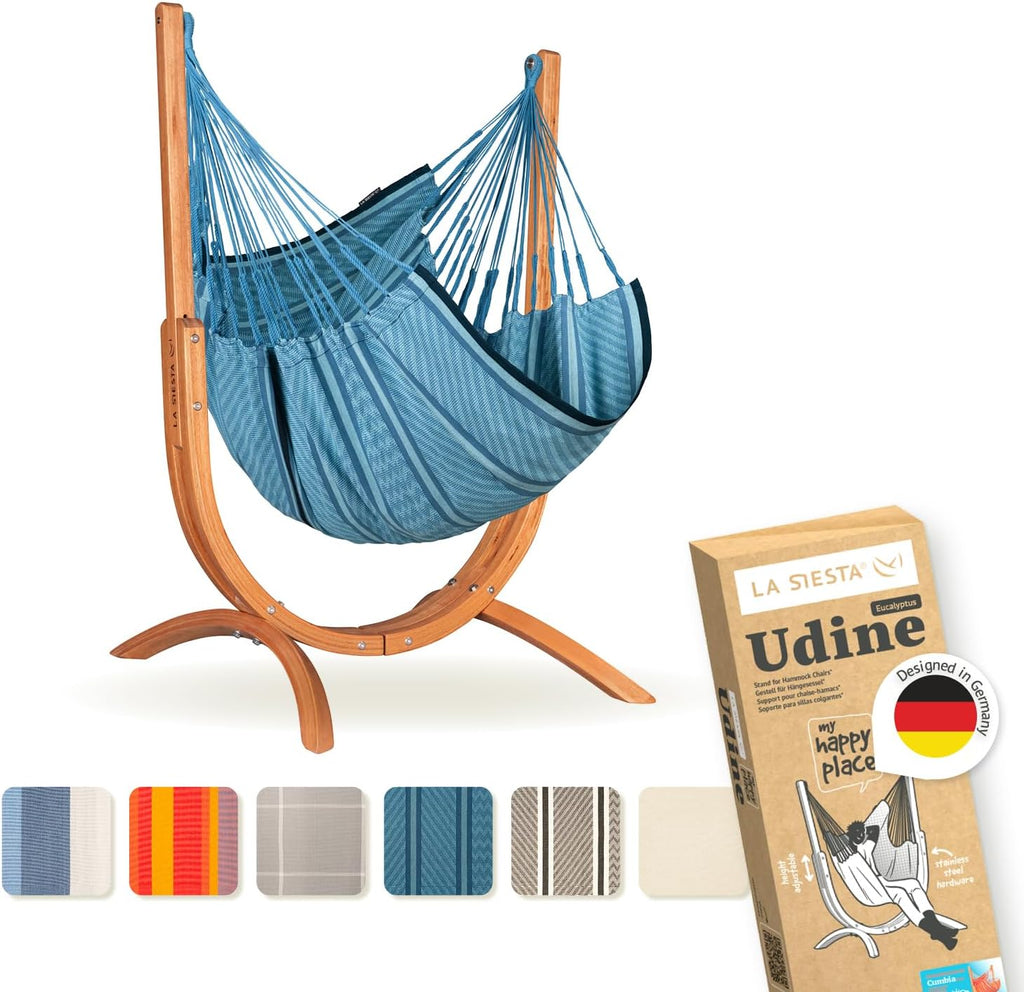 LA SIESTA - Chaise Suspendue Udine en Coton Biologique avec Support en Bois - Fait Main, indéchirable - Fauteuil Suspendu Interieur avec Support en Eucalyptus certifié FSC - Blue Zebra