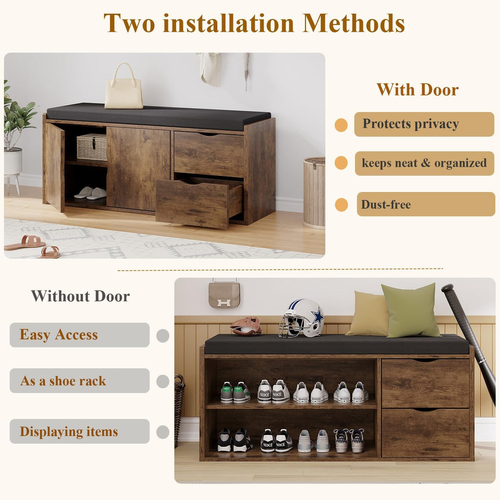 LVB Banc de Rangement Multifonction Banc à Chaussures rembourré avec tiroir pour entrée Salon ou Chambre Couleur Marron Rustique 101 x 45 x 34 cm