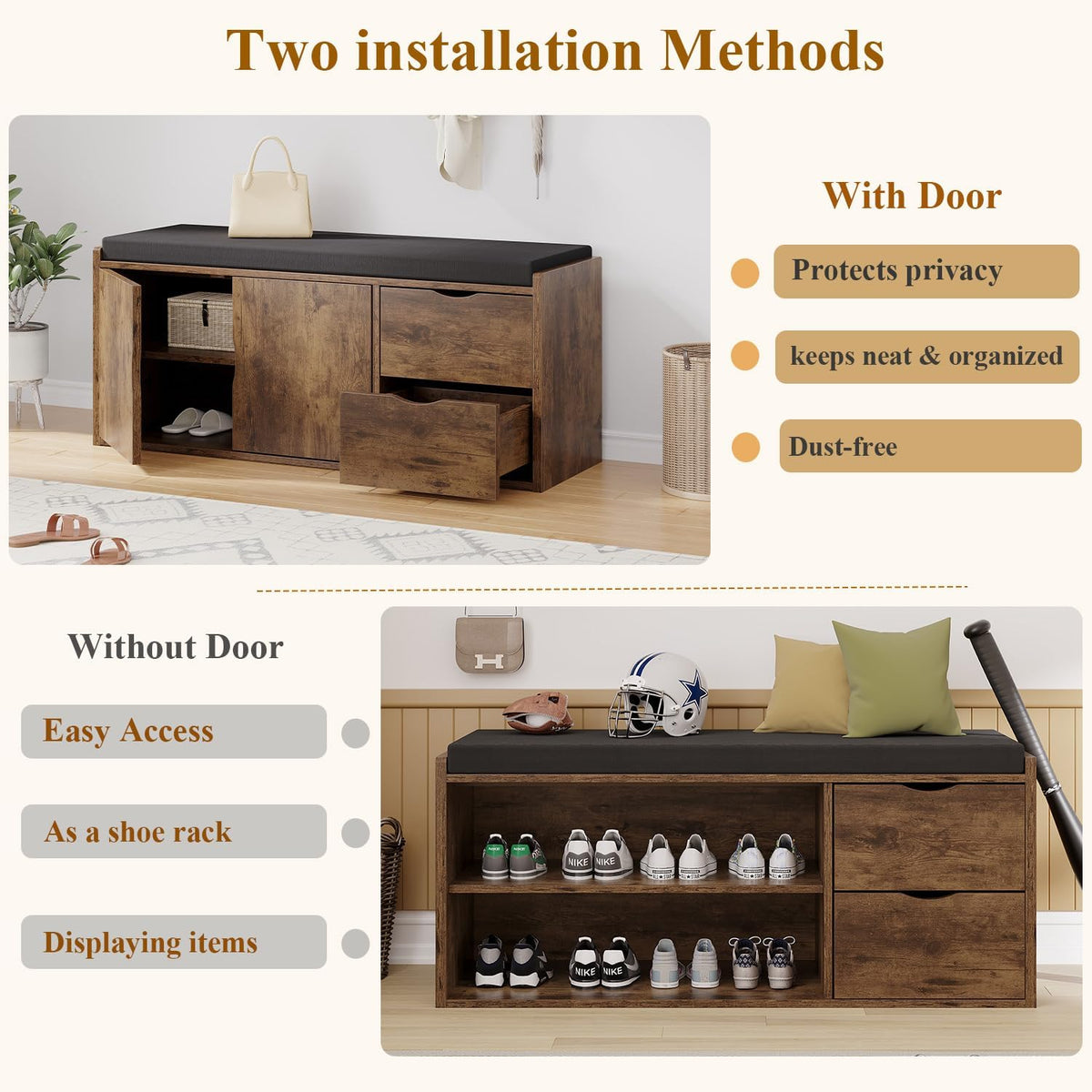 LVB Banc de Rangement Multifonction Banc à Chaussures rembourré avec tiroir pour entrée Salon ou Chambre Couleur Marron Rustique 101 x 45 x 34 cm