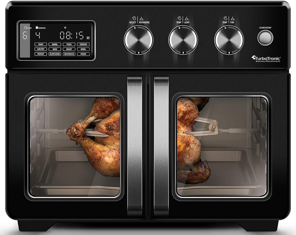 TurboTronic Mini four, four à air chaud 4 en 1 et friteuse à air chaud, version XXL 32 L, y compris tournebroche et de nombreux accessoires, plaque de cuisson, déshydrateur à partir de 25 °C & grill