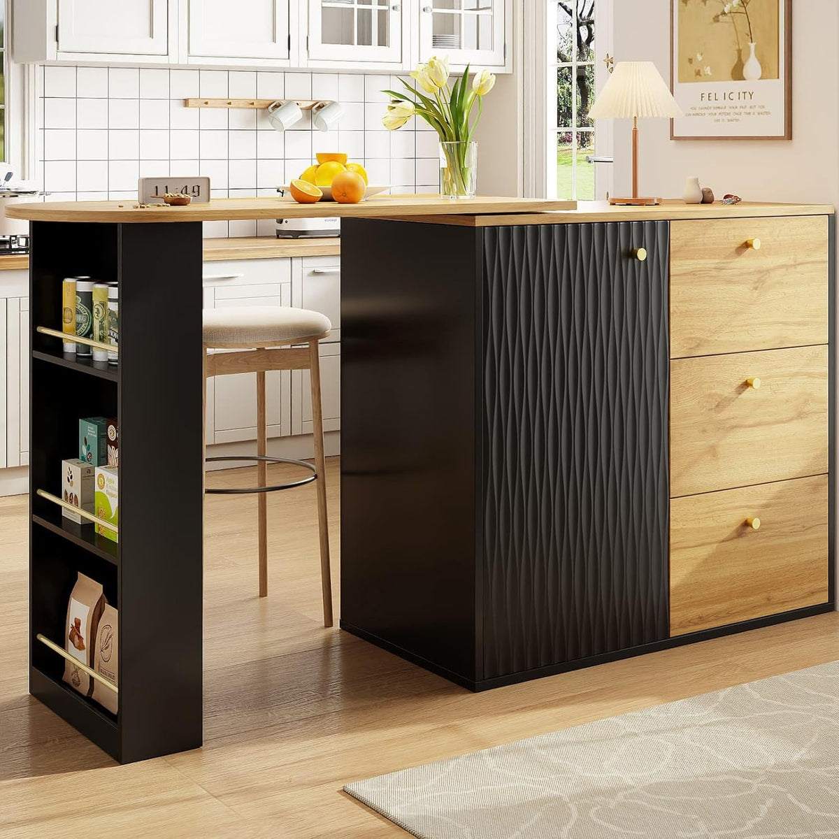 KOMHTOM Table de Bar Extensible avec Espace de Rangement(138-204 x 39 x 104 cm), Table à Manger Pivotante à 360°, 3 Tiroirs et étagères latérales