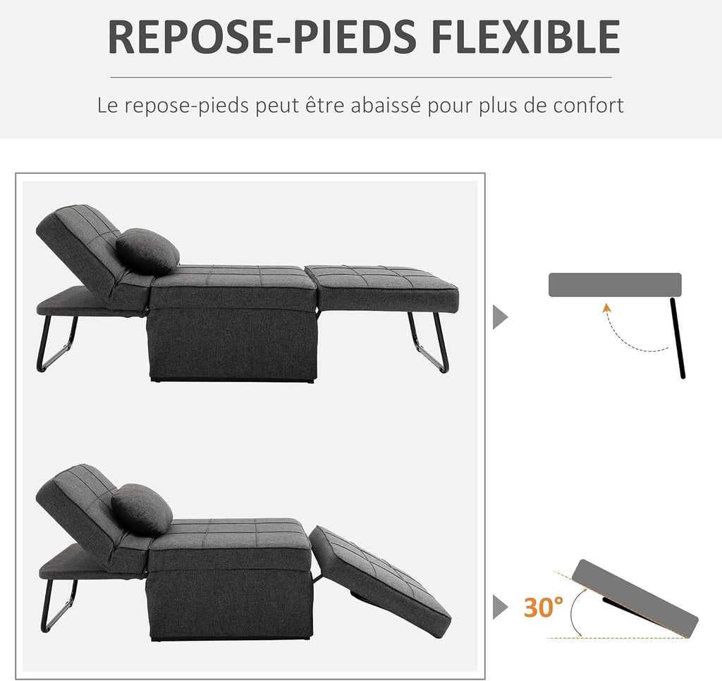 HOMCOM Chauffeuse 1 Place 4 en 1 Fauteuil lit Convertible Pouf Dossier inclinable 5 Niveaux Repose-Pied Rabattable, Charge 200 Kg, châssis métal et Tissu Lin Gris