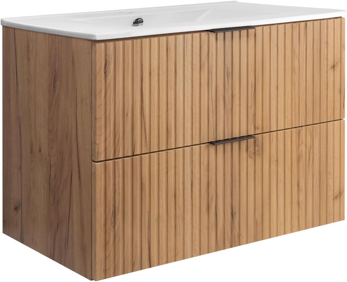 3E 3xE living.com Meuble de Salle de Bain, chêne Craft avec poignée Noire, 80 x 57 x 46 cm