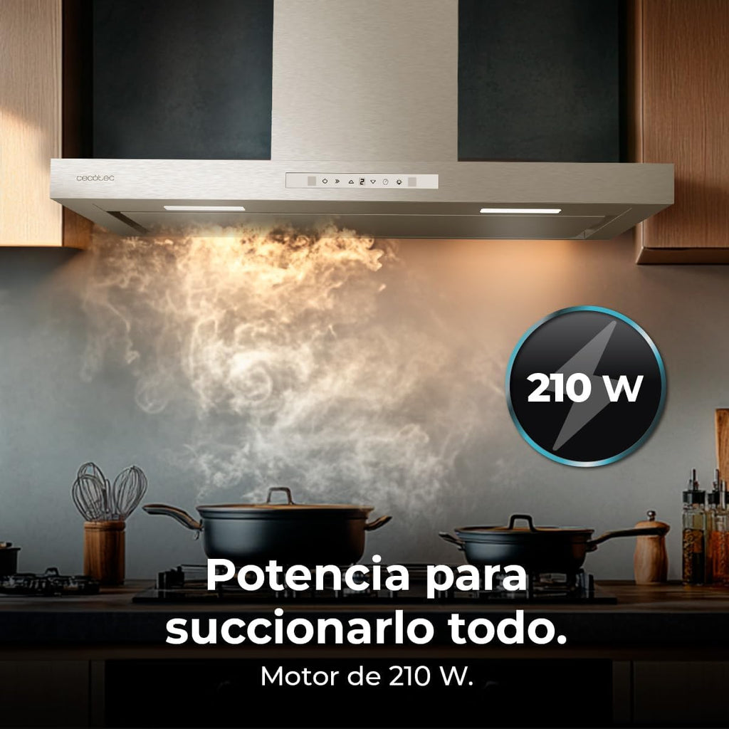Cecotec Hotte aspirante Bolero Flux TT 908000. Hotte aspirante de 90 cm, inox, 800m3/h, moteur 210W, classe A++, écran tactile glass white, 3 niveaux, filtre charbon.