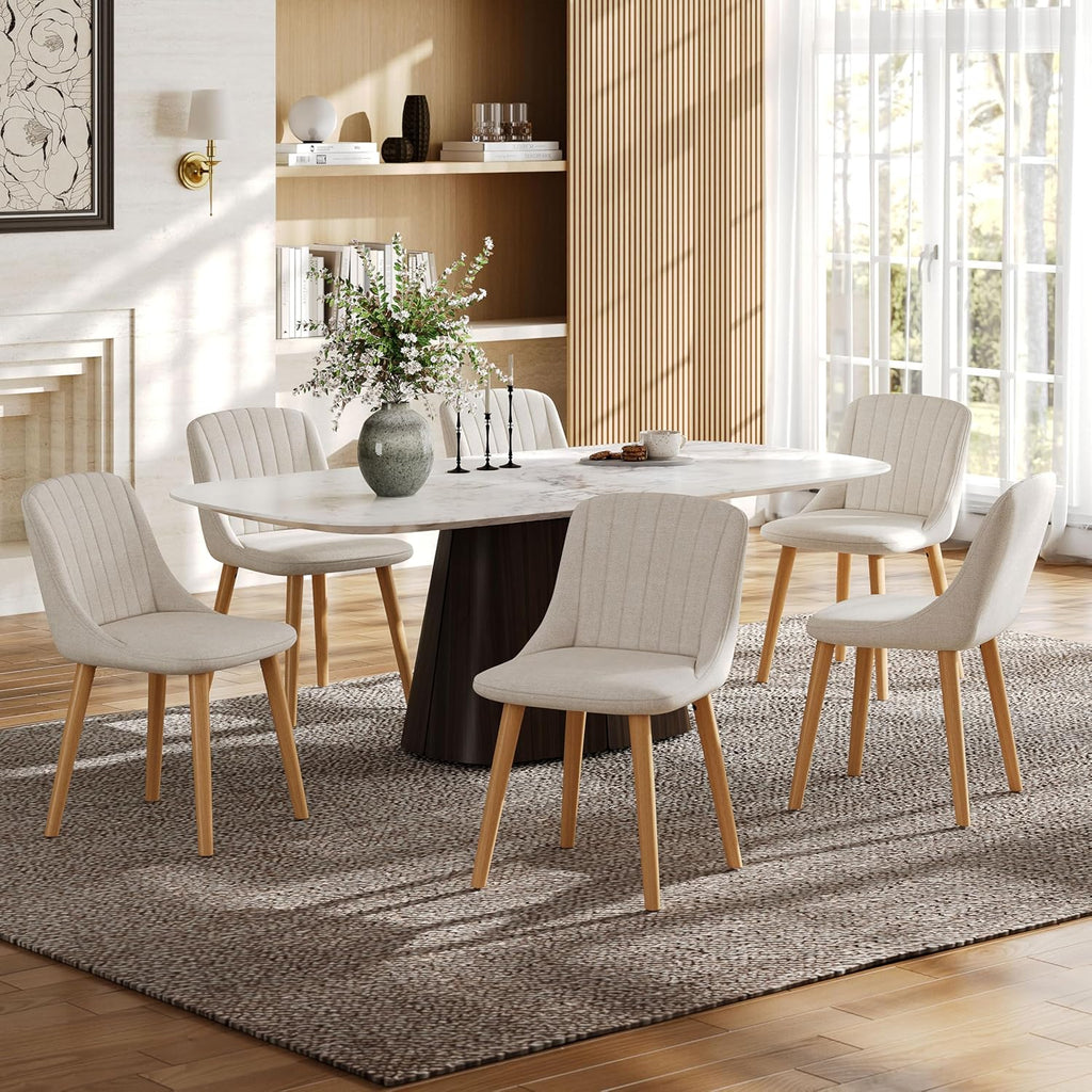 Goeurvant Lot de 6 Chaise Beige Salle a Manger Pieds Bois Chaises de Salon Chaises de Cuisine en Polyester avec Dossier pour Salon