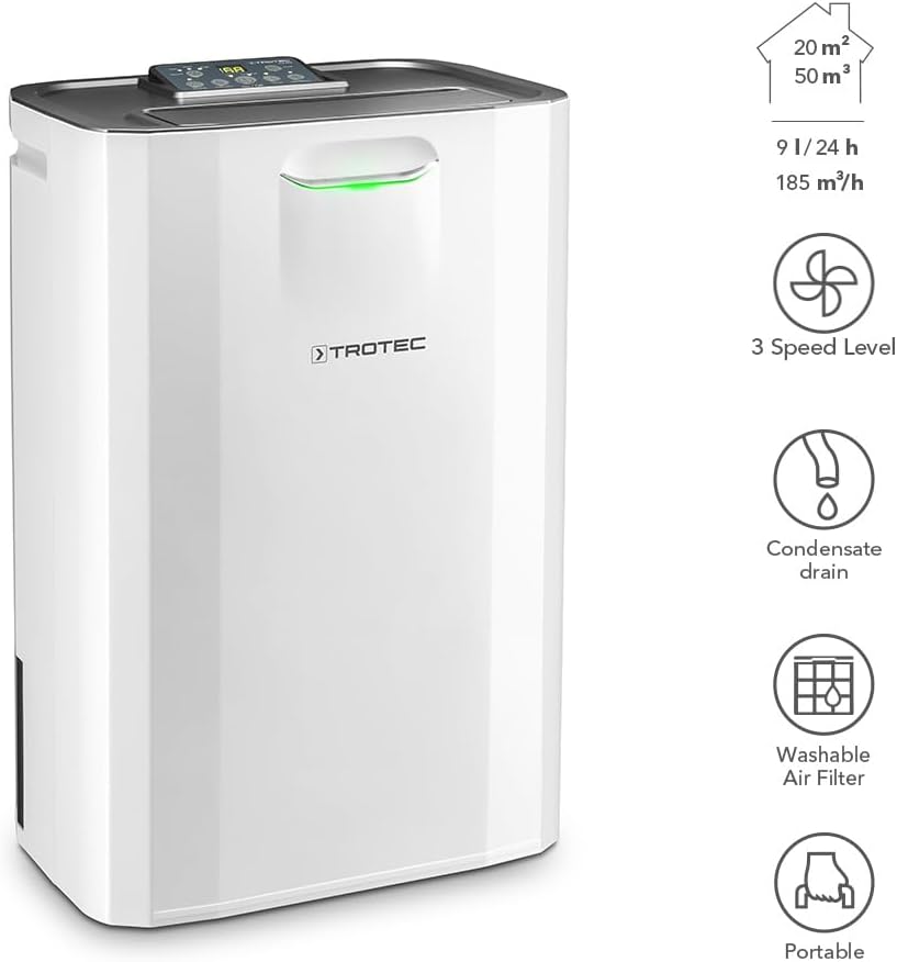 TROTEC Déshumidificateur Confort TTR 57 E | Capacité de déshumidification 9l/24h | Taille de locaux recommandée 50 m³