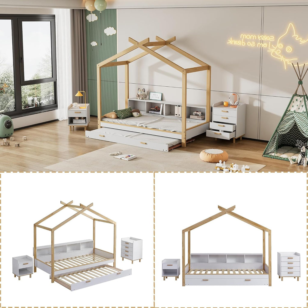 I0I&I0I Ensemble de chambre d'enfant - Blanc + naturel - Lit de maison + table de chevet + commode - MDF + pin (205 x 202 x 187,5 cm)