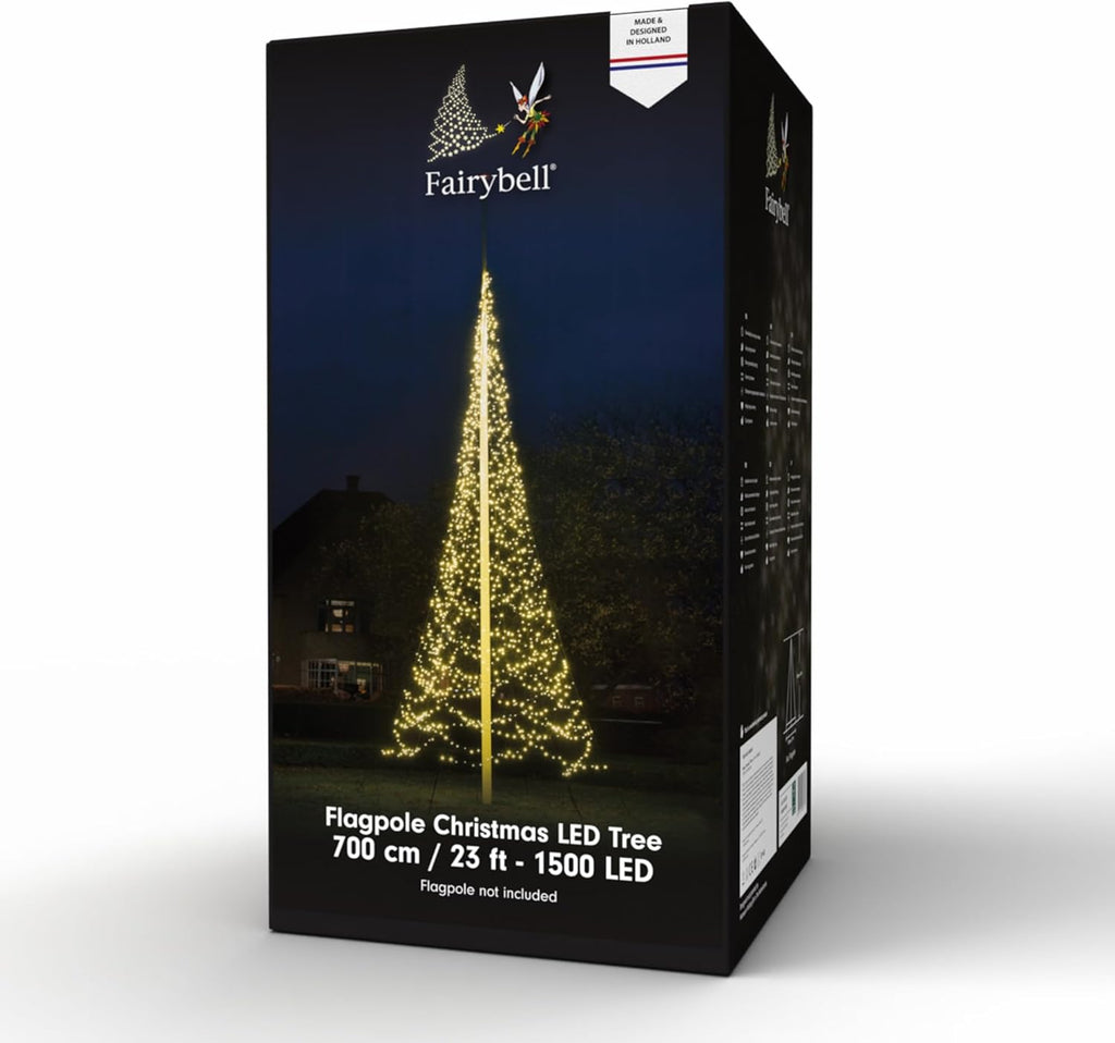 Fairybell Sapin de Noël à LED pour l'extérieur dans le mât de drapeau (7 mètres - 1500 LED, Blanc chaud)