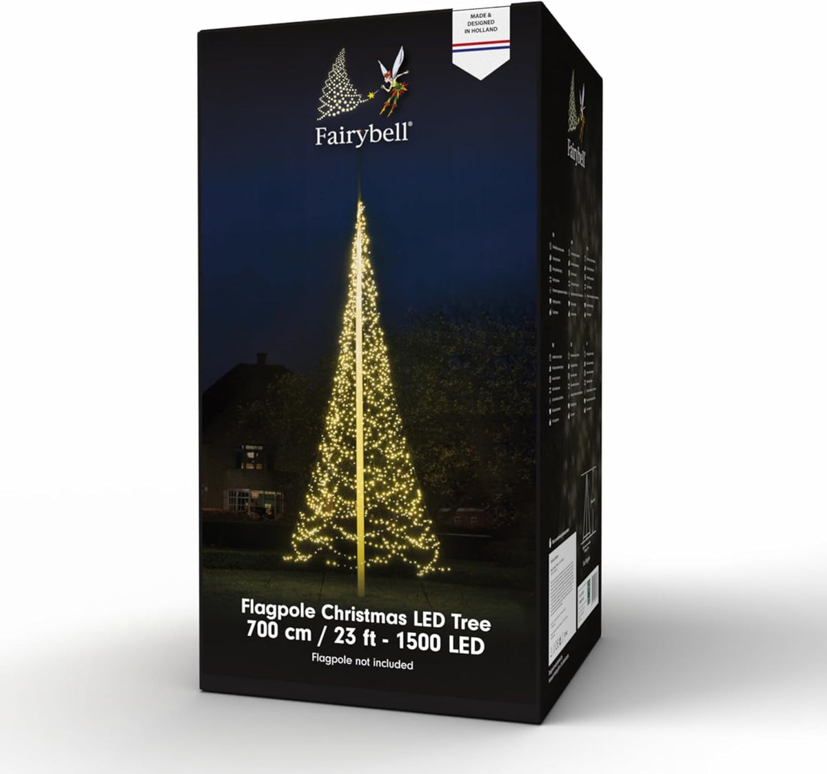 Fairybell Sapin de Noël à LED pour l'extérieur dans le mât de drapeau (7 mètres - 1500 LED, Blanc chaud)