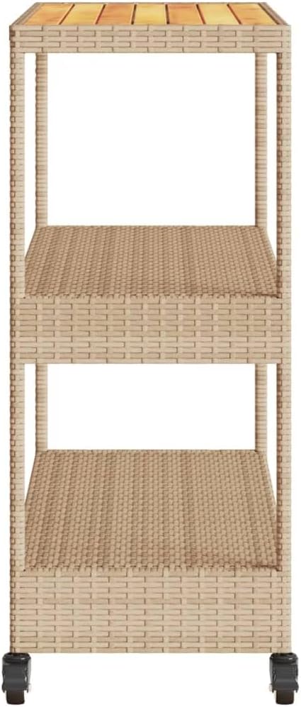 Tomostar Desserte de Jardin, Chariot de Bar Desserte Extérieur 3 Niveaux Beige rotin et Bois d'acacia Massif