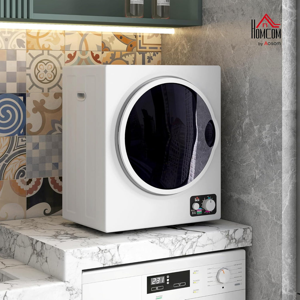 HOMCOM Sèche-linge à évacuation portable, sèche-linge électrique 850 W, 4 Kg, 4 modes de séchage, 2 niveaux de chauffage, cuve en acier inoxydable, installation murale, pour appartement dortoir, blanc