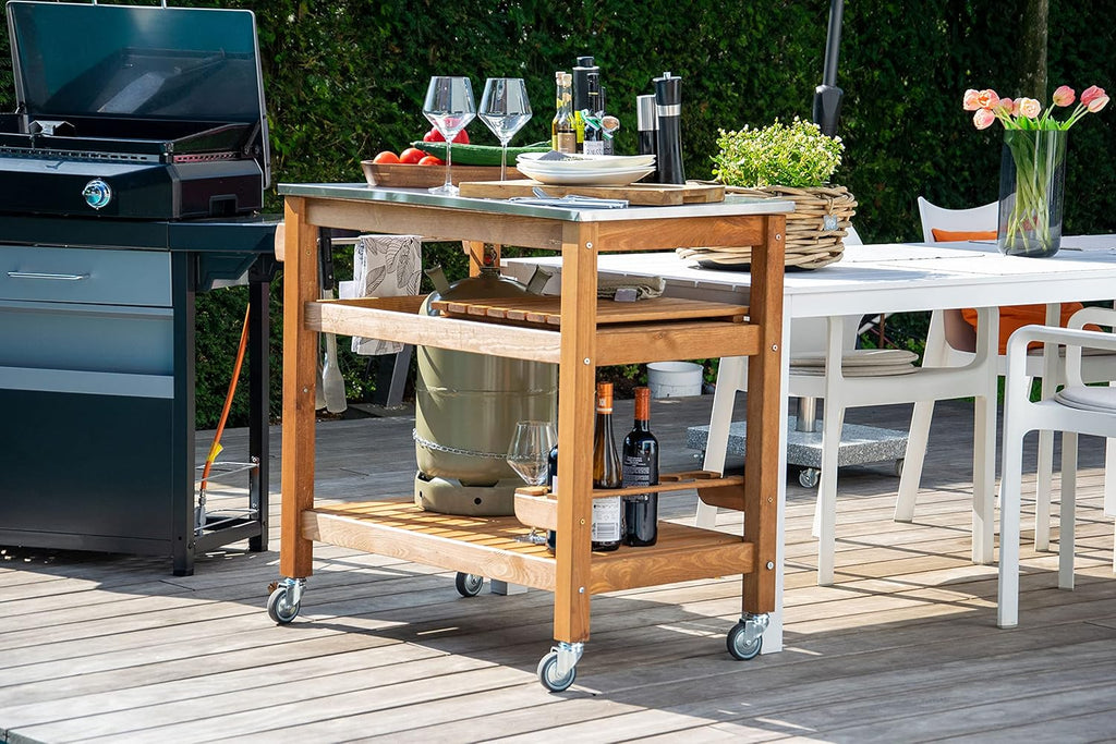 dobar 35540FSCe Desserte à roulettes d'extérieur avec Plateau en Acier Inoxydable 94 x 58 x 90 cm Pin Marron