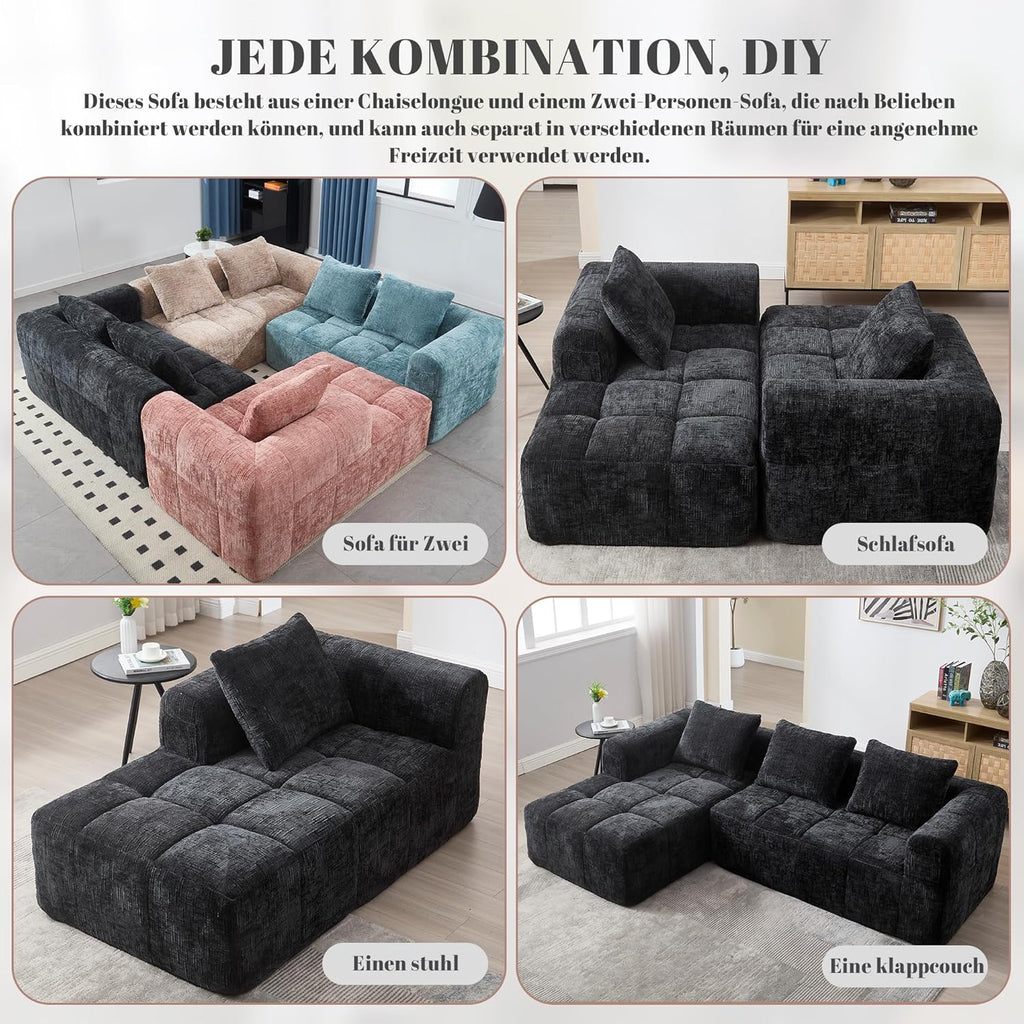 Canapé en Forme de U, 3 Places avec Méridienne, Design Moderne Rembourré avec Accoudoirs et 3 Coussins, Chenille Noir
