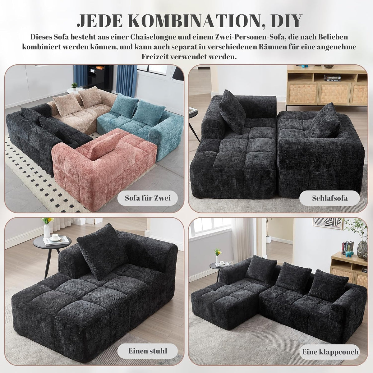 Canapé en Forme de U, 3 Places avec Méridienne, Design Moderne Rembourré avec Accoudoirs et 3 Coussins, Chenille Noir