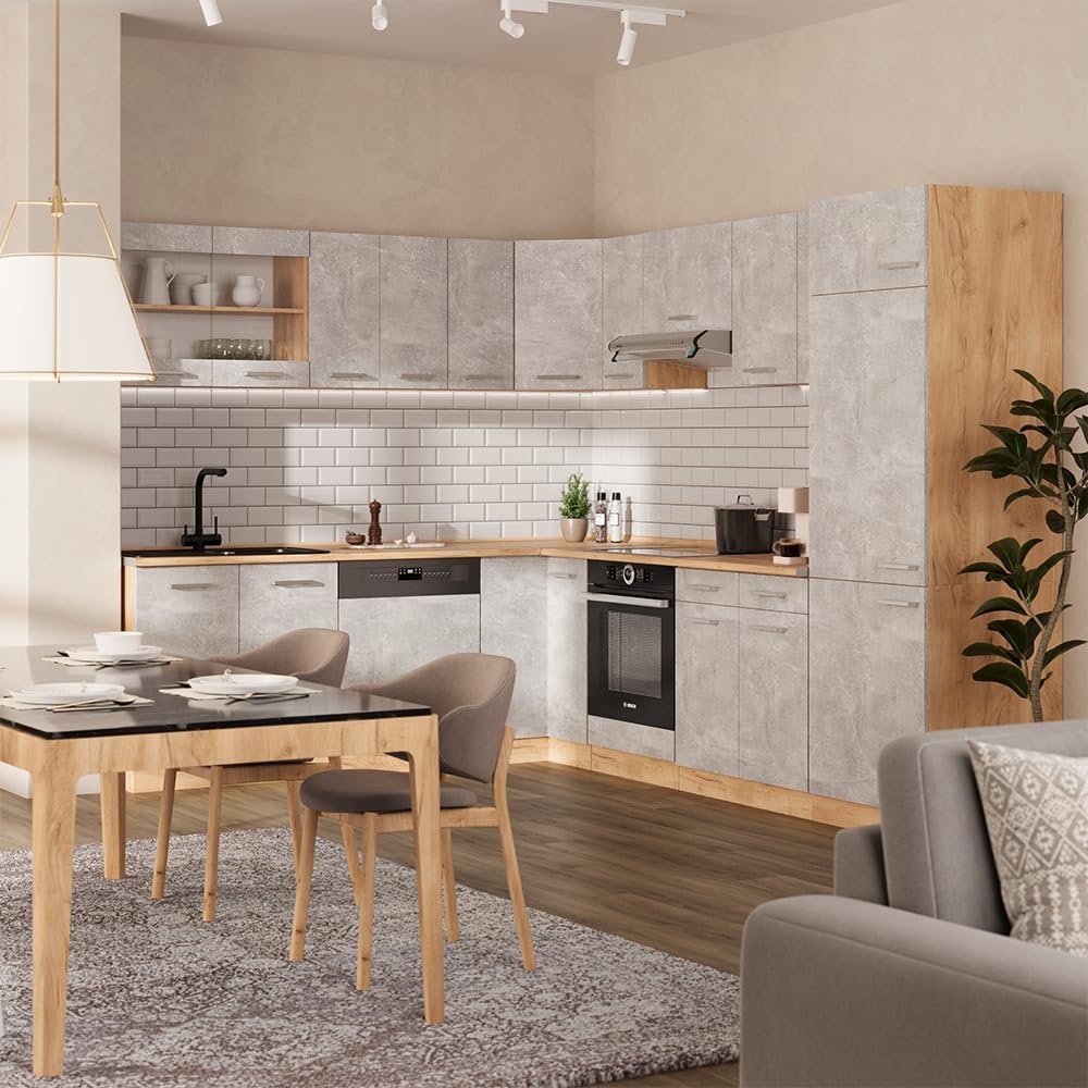 Vicco Cuisine en Angle R-Line, Béton/Force d'or Chêne, 227x287cm, PT Anthracite
