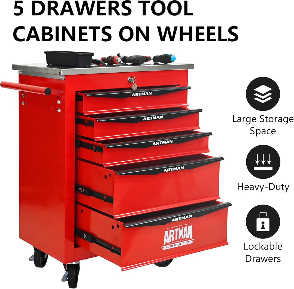ELIHGTBY Servante d'Atelier Vide à 5 Tiroirs, Chariot d'Outils Robuste sur roulettes - Établi Mobile avec Verrouillage Centralisé, Armoire de Rangement pour Garage, Servante Atelier Rouge et Noir