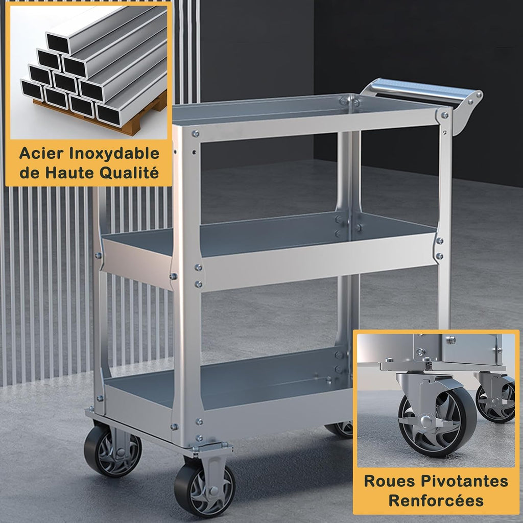Vockol Chariot d'Atelier en Acier Inoxydable, Chariot à Outils à 3 Étages d'une Capacité de 500kg, Chariot de Travail, Chariot Servante d'Atelier pour Garage, Atelier, Cuisine, 78 x 46 x 92 cm
