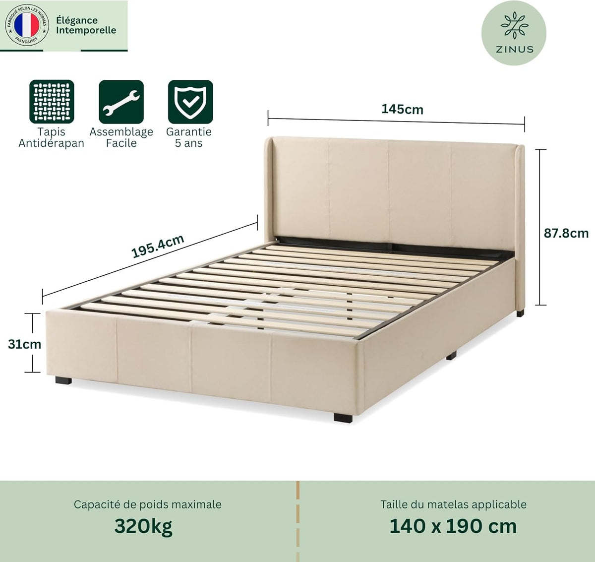 Zinus Maddon Lit Coffre 140x190 cm - Hauteur 31 cm - Système de Levage Hydraulique - Tête et Cadre de Lit Double en Bois tapissier - Beige