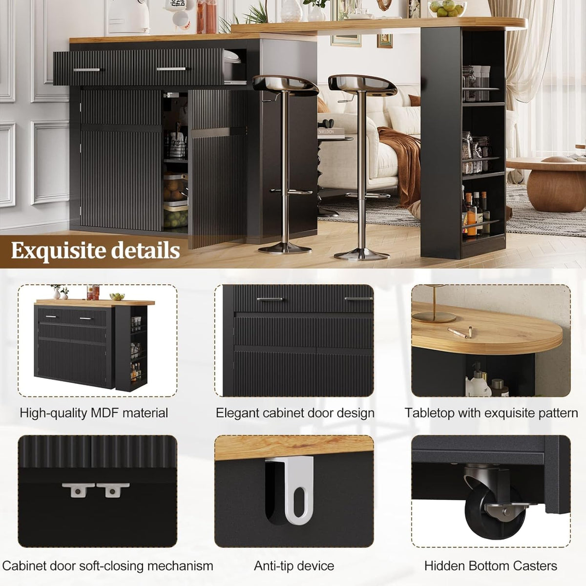 KOMHTOM Table de Bar Extensible avec Espace de Rangement, Meuble Bar avec 2 Portes en Verre, Rotation Libre à 360 °, étagères latérales (Noir-3)