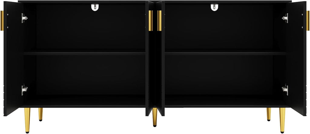 Buffet au design ondulé unique avec poignées et pieds dorés pour un coin repas élégant (noir, 152 x 40 x 75 cm)