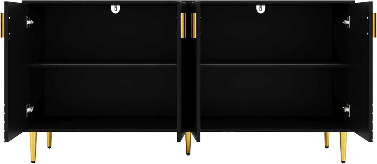 Buffet au design ondulé unique avec poignées et pieds dorés pour un coin repas élégant (noir, 152 x 40 x 75 cm)