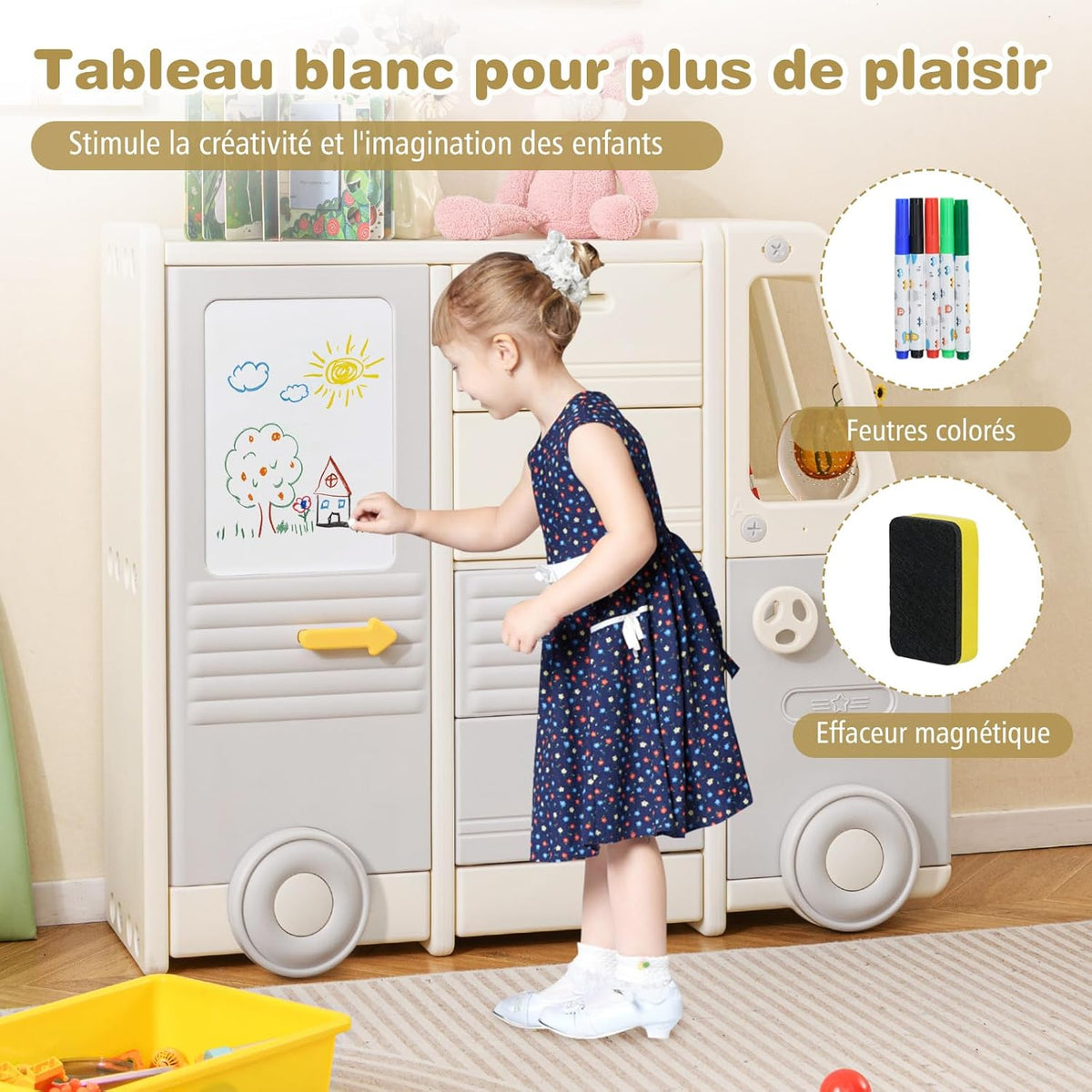 COSTWAY Meuble de Rangement Jouet Enfant en Forme Bus avec 4 Tiroirs & 3 Placards, Étagère de Rangement Jouet en HDPE avec Tableau Blanc, Bibliothèque Enfant de 3 Ans+ pour Salle de Jeux Chambre Salon