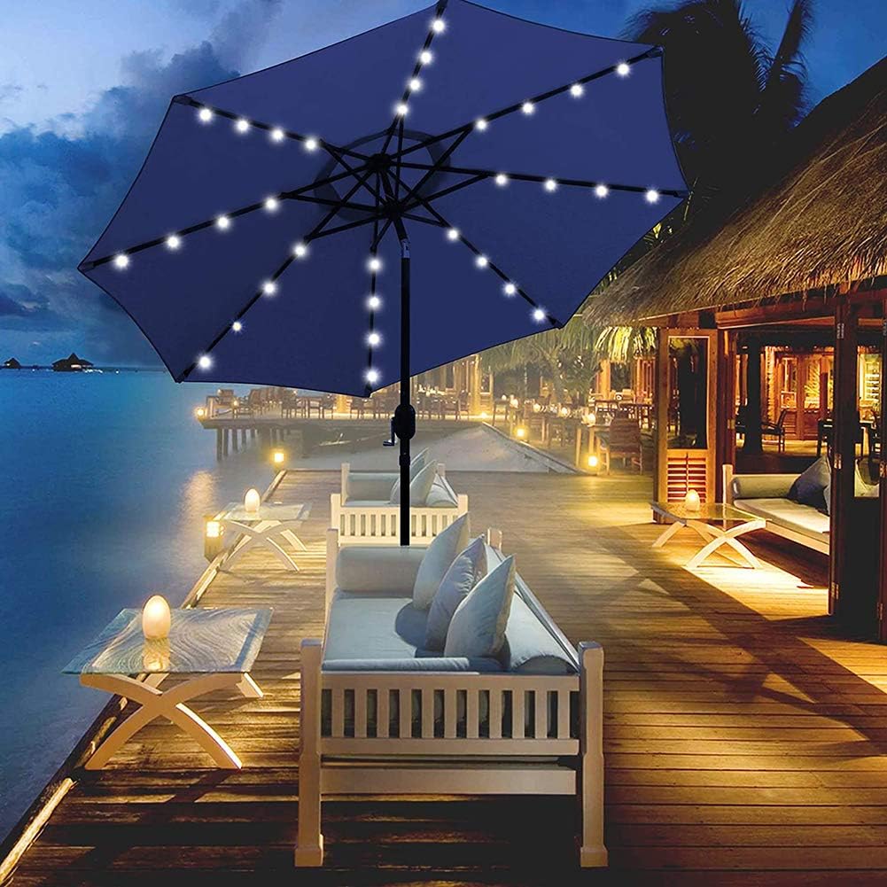 WSHA Parapluie d'extérieur avec lumières LED à énergie Solaire 9 pi. Parapluies de marché déportés avec Inclinaison et manivelle, Bleu