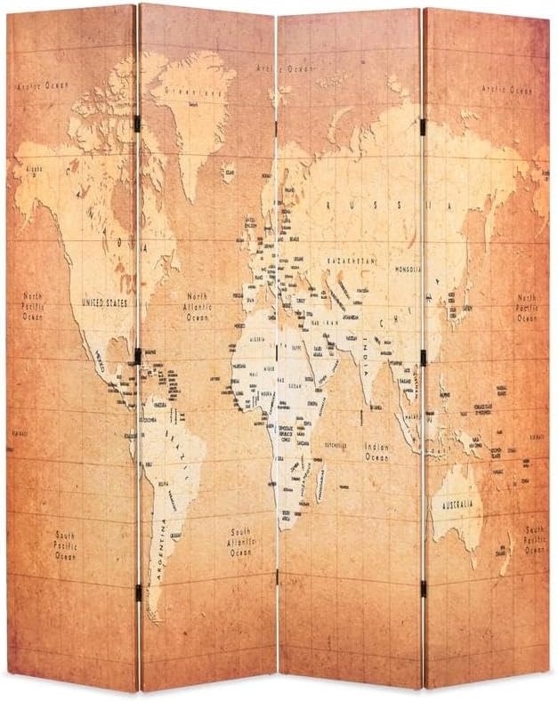 Paravent pliable 160 x 170 cm – Design carte du monde, cadre en bois de sapin massif et couverture en toile – Peu encombrant et stable pour le salon, le bureau ou la chambre à coucher