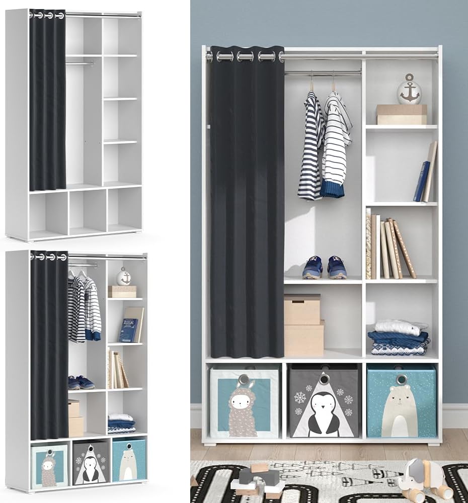 Vicco Armoire pour Enfants Luigi, Blanc, 105.8 x 178.1 cm avec Tringle à Rideaux