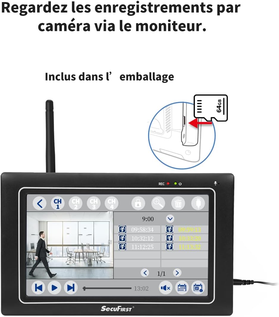 SecuFirst Kit 2K Caméra de Surveillance Extérieure sans Fil avec Moniteur intérieur,Écran Tactile 7",Vidéo Babyphone Camera,Travailler sans WiFi,Détecteur de Mouvement, Carte SD 64 Go, Interphone