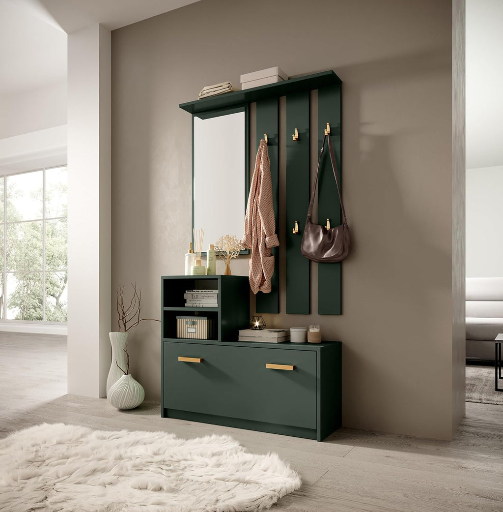 Meuble d'entrée/Vestiaire YESFIR - 85 cm - Vert Bouteille - Meuble à Chaussures - portemanteau - Miroir