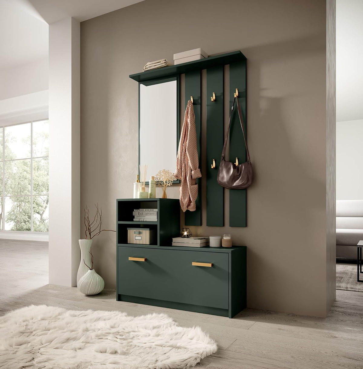 Meuble d'entrée/Vestiaire YESFIR - 85 cm - Vert Bouteille - Meuble à Chaussures - portemanteau - Miroir