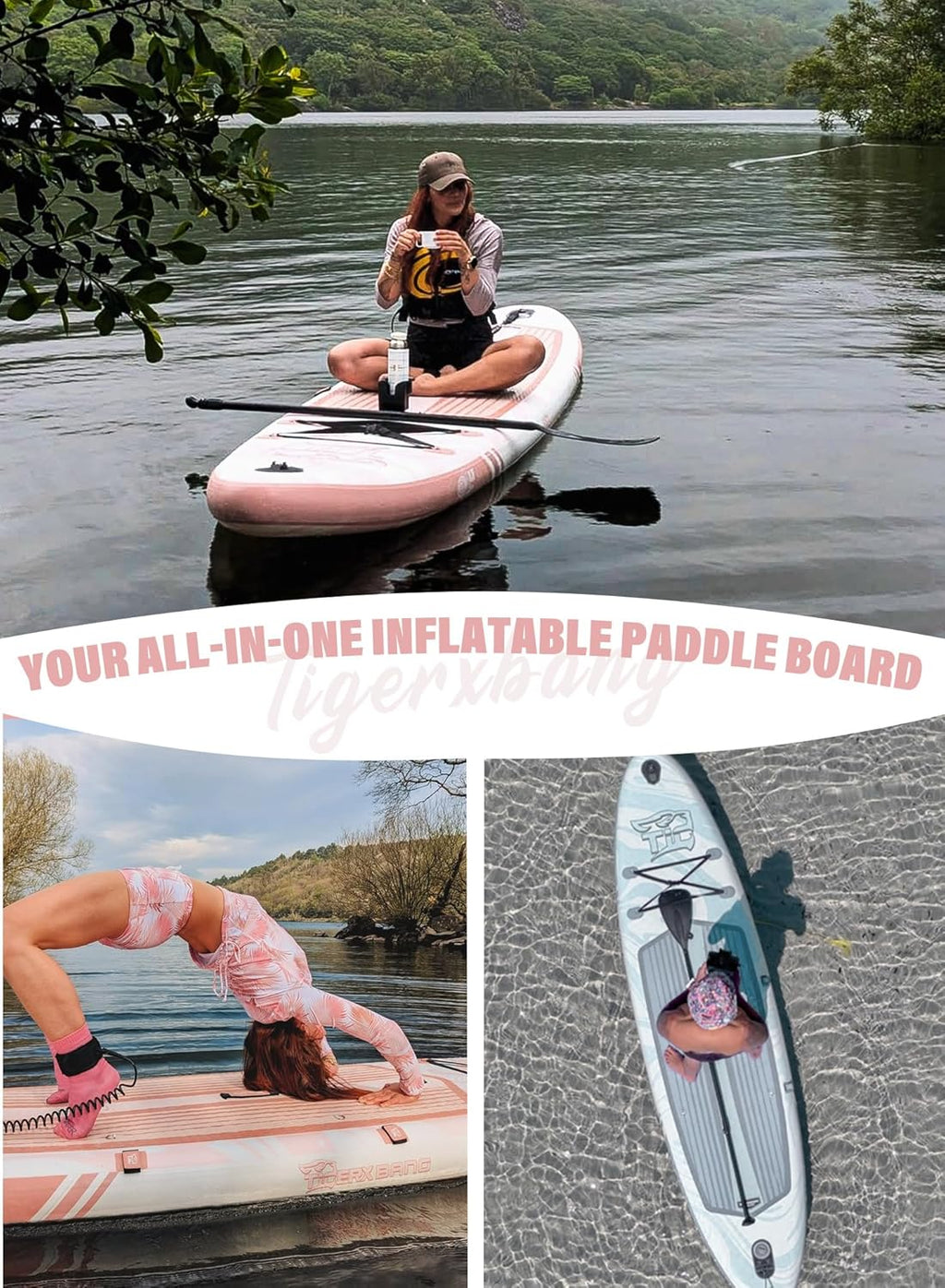 TIGERXBANG Planche à Pagaie Gonflable de 353x89x15cm avec Accessoires Complets, Grandes Planches à Pagaie de Qualité Supérieure pour Adultes/Jeunes, Collection Polar Rose