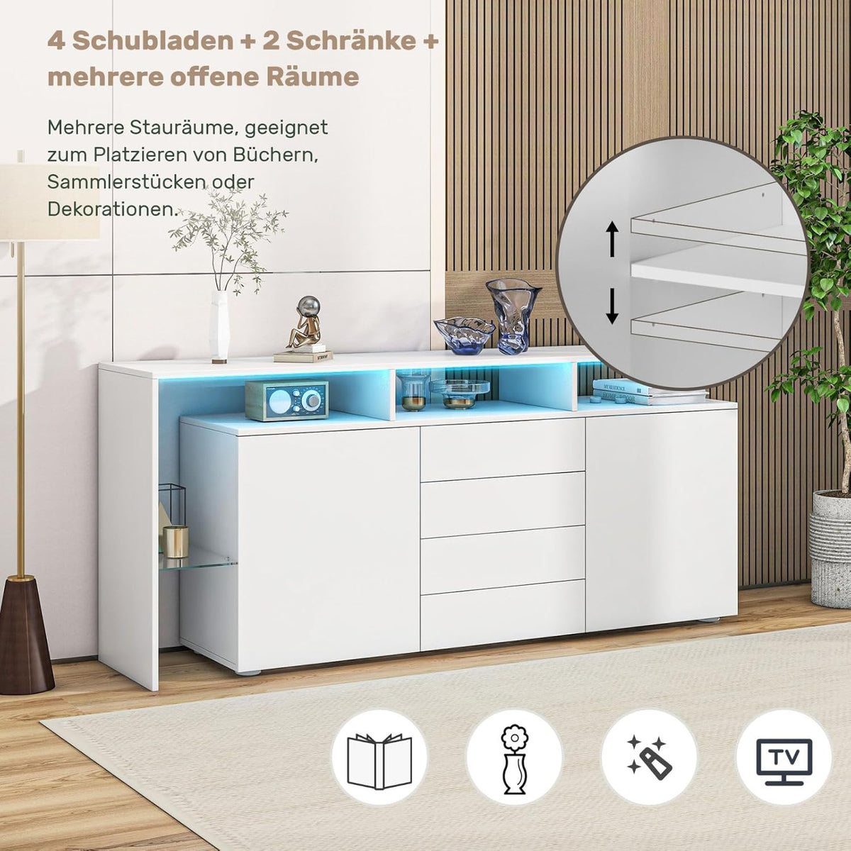 Entapuk Buffet LED, Meuble Polyvalent 2 Portes 4 Tiroirs, Vitrine Salle à Manger, Blanc Brillant