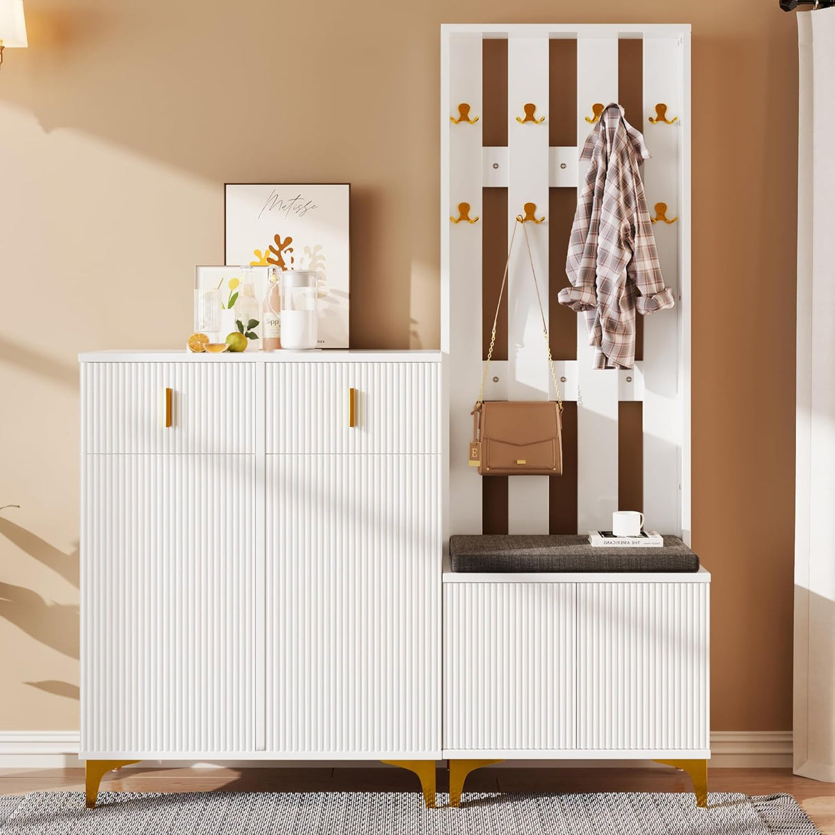 Merax Ensembles de Meubles pour Entrée, Moderne Meuble Entree Couloir avec Meuble à Chaussures et Coussins, Blanc