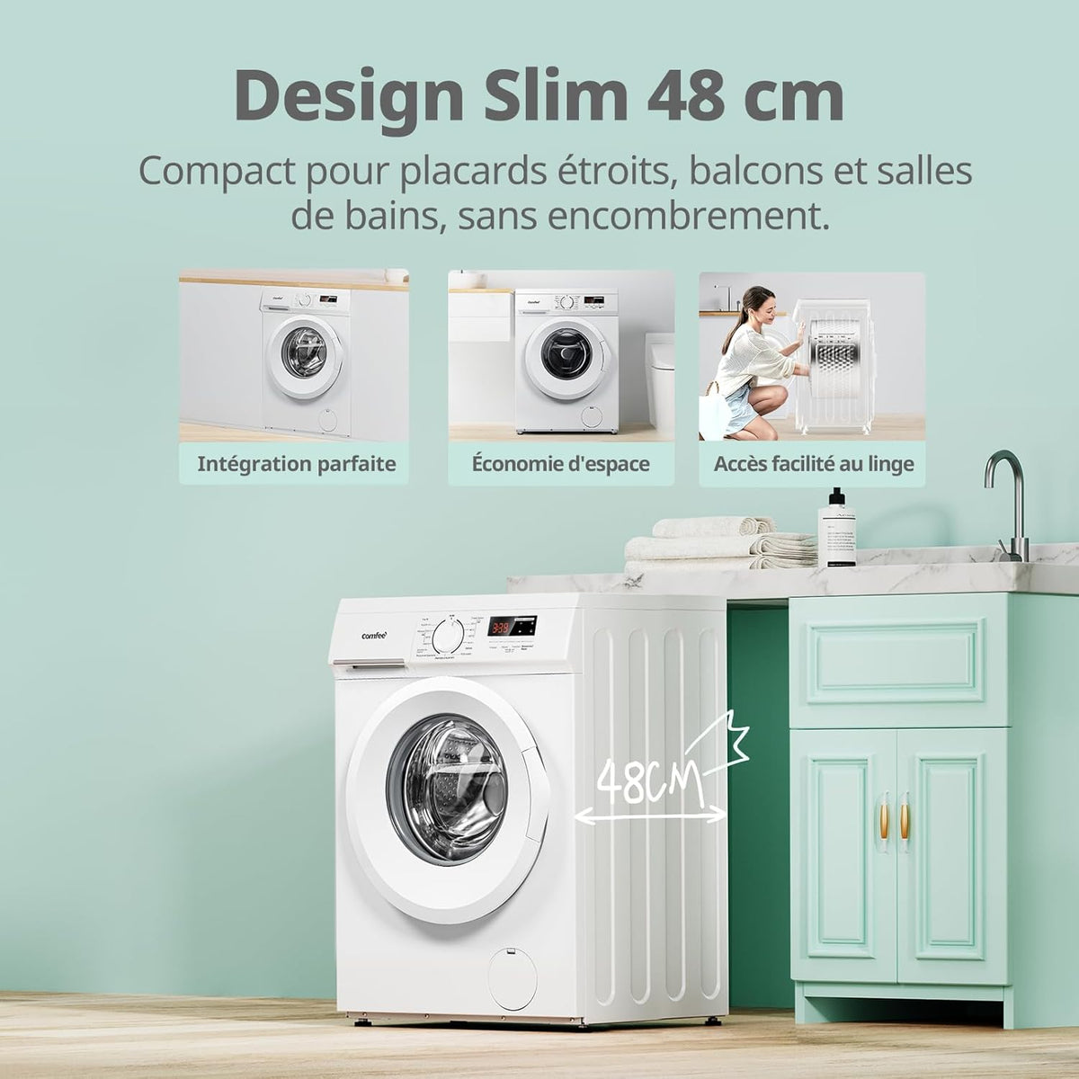 CFE12EW80-W-FR Lave-linge frontal 8KG, Classe énergétique A, Moteur BLDC 1400 tr-min, 15 Programmes, Prélavage, Blanc [Classe énergétique A]