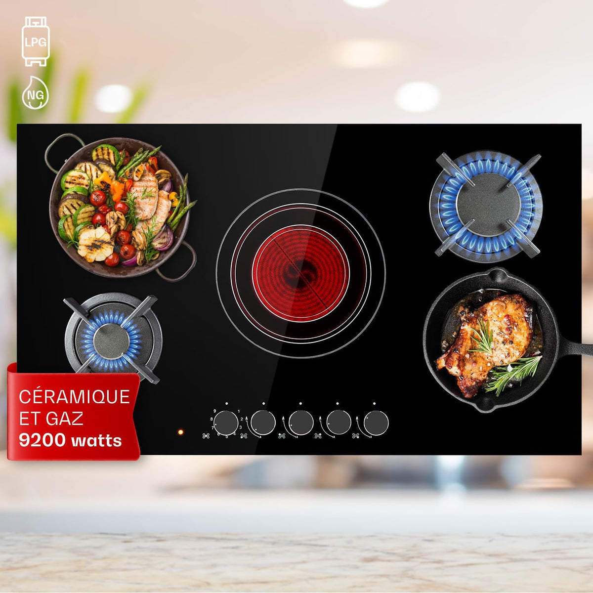 Klarstein Plaque de Cuisson Mixte Gaz et Vitrocéramique 5 Feux, Table de Cuisson Vitro de 9.2 kW en Acier Inoxydable