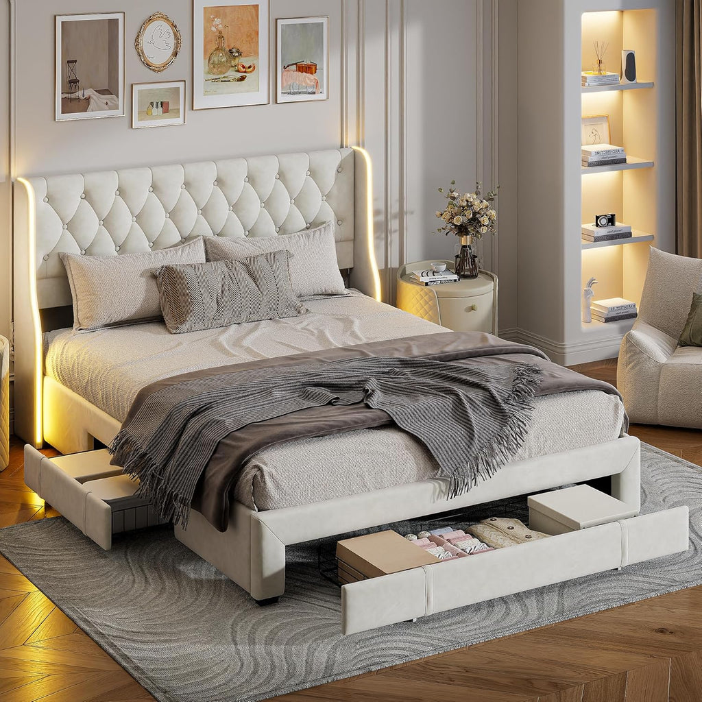 Callicarpa Cadre de Lit avec Tiroirs de Rangement, Lits LED 160 X 200, Lit Deux Place, lit Double, Lits et Cadre de Lit pour Adulte, Beige