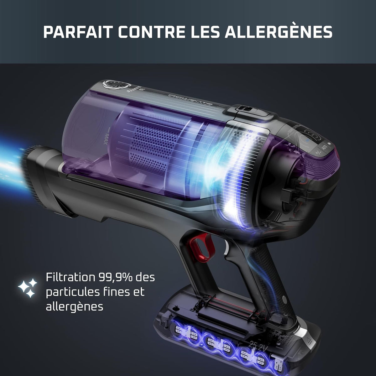 Rowenta X-Force Flex 12.60 Allergie Aspirateur Balai sans Fil, Filtration Anti-Allergènes, Puissant 150AW, Autonomie 45min, Station d'accueil RH98A0WO, Violet et Aluminium