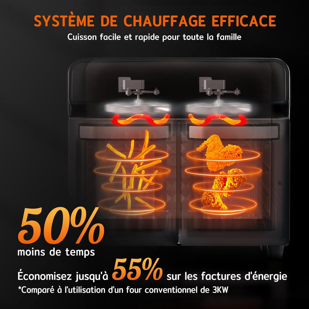 HYSapientia 22L friteuse à air chaud 2 chambres, mini-four à convection,écran tactile LED, 10 programmes friteuse sans huile Dual Zone Air Fryer Oven, aciers inoxydables, Airfryer xxl