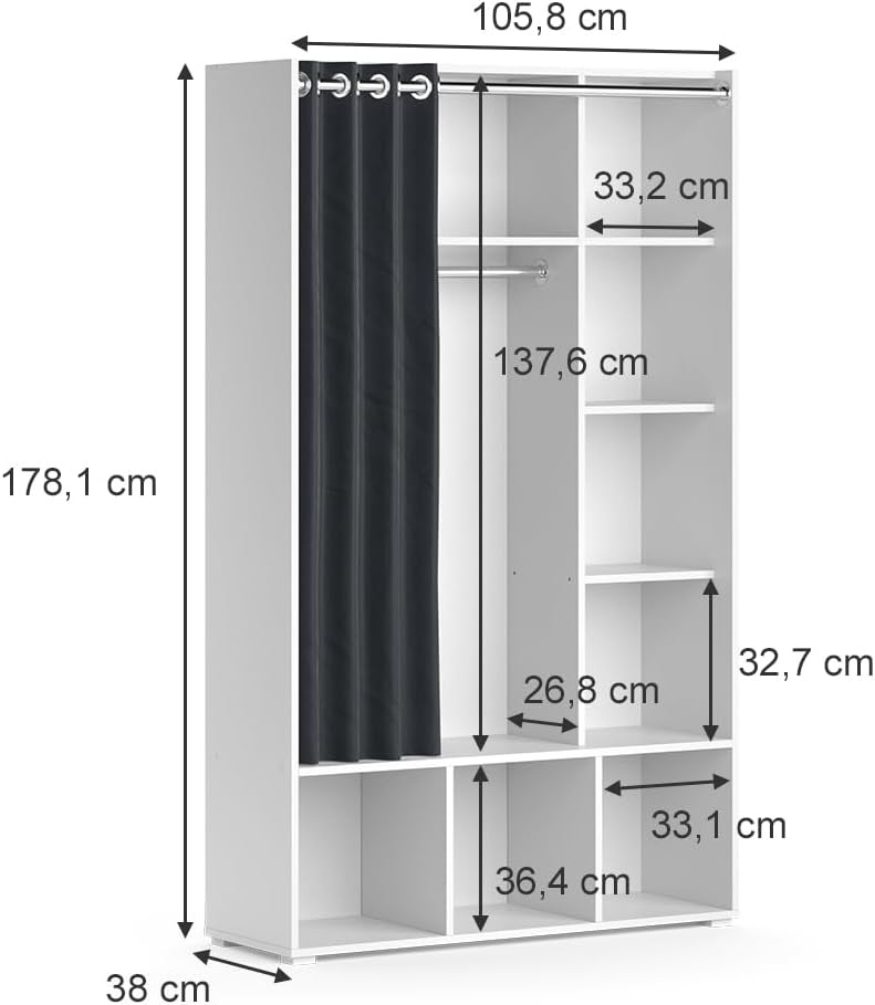 Vicco Armoire pour Enfants Luigi, Blanc, 105.8 x 178.1 cm avec Tringle à Rideaux