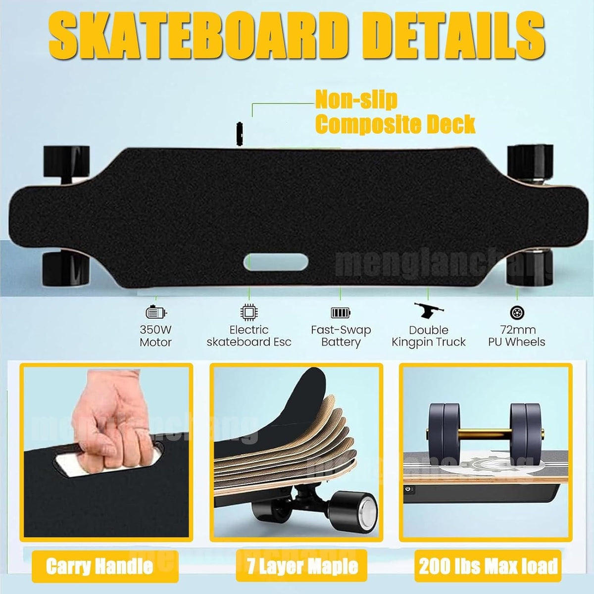 menglanchang Longboard éLectrique avec TéLéCommande:Vitesse Maximale 20/25Km/H,Autonomie 8/15/22/30km,4 Vitesses,Roues Absorbant Chocs Et PoignéE Transport,Skateboard éLectrique pour Campus,Ville 8km