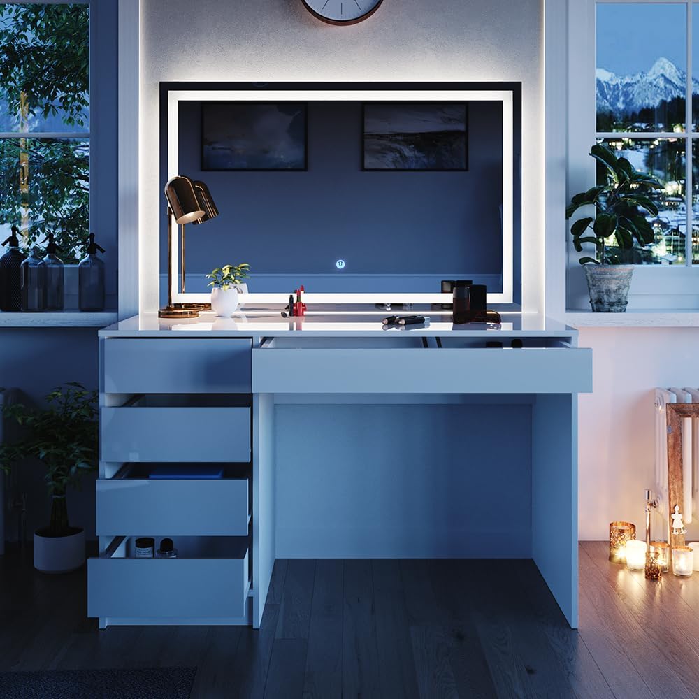 Vicco Coiffeuse Sherry, Blanc Haute Brillance, 120 cm avec éclairage LED