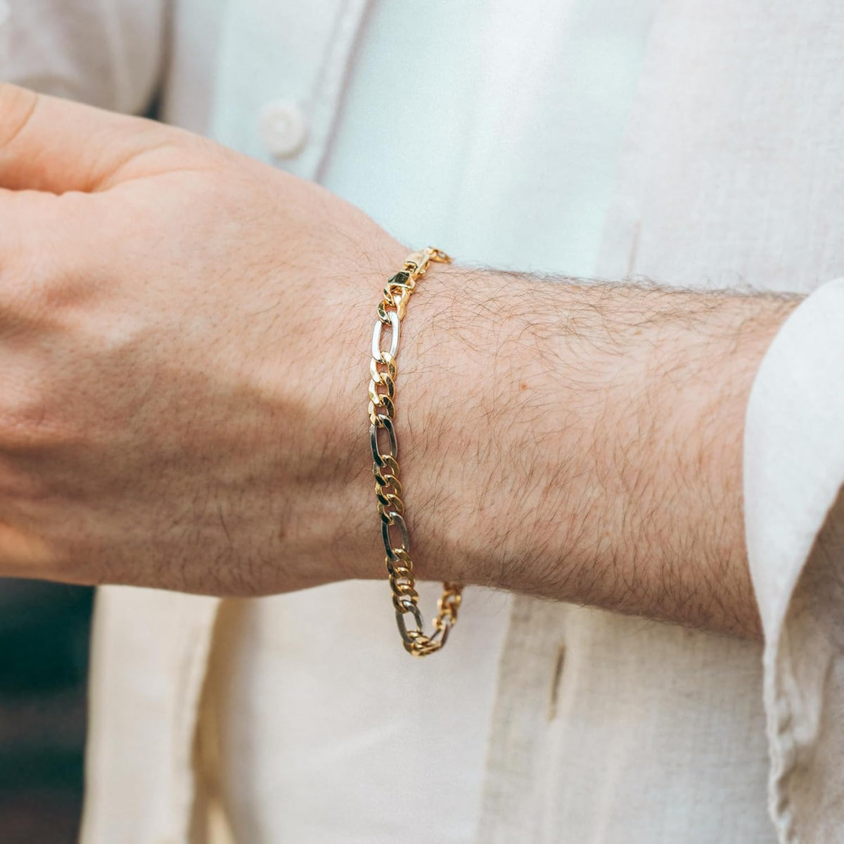 EDELIND Bracelet Chaîne Figaro 5,7 mm en Or Blanc et Jaune Bicolore 585 333 750 - Bijoux pour Homme avec Fermoir Mousqueton